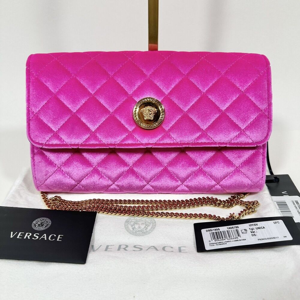 Versace La Medusa Velvet Quilted Leather Wallet On Chain Clutch Fuchsia NWT